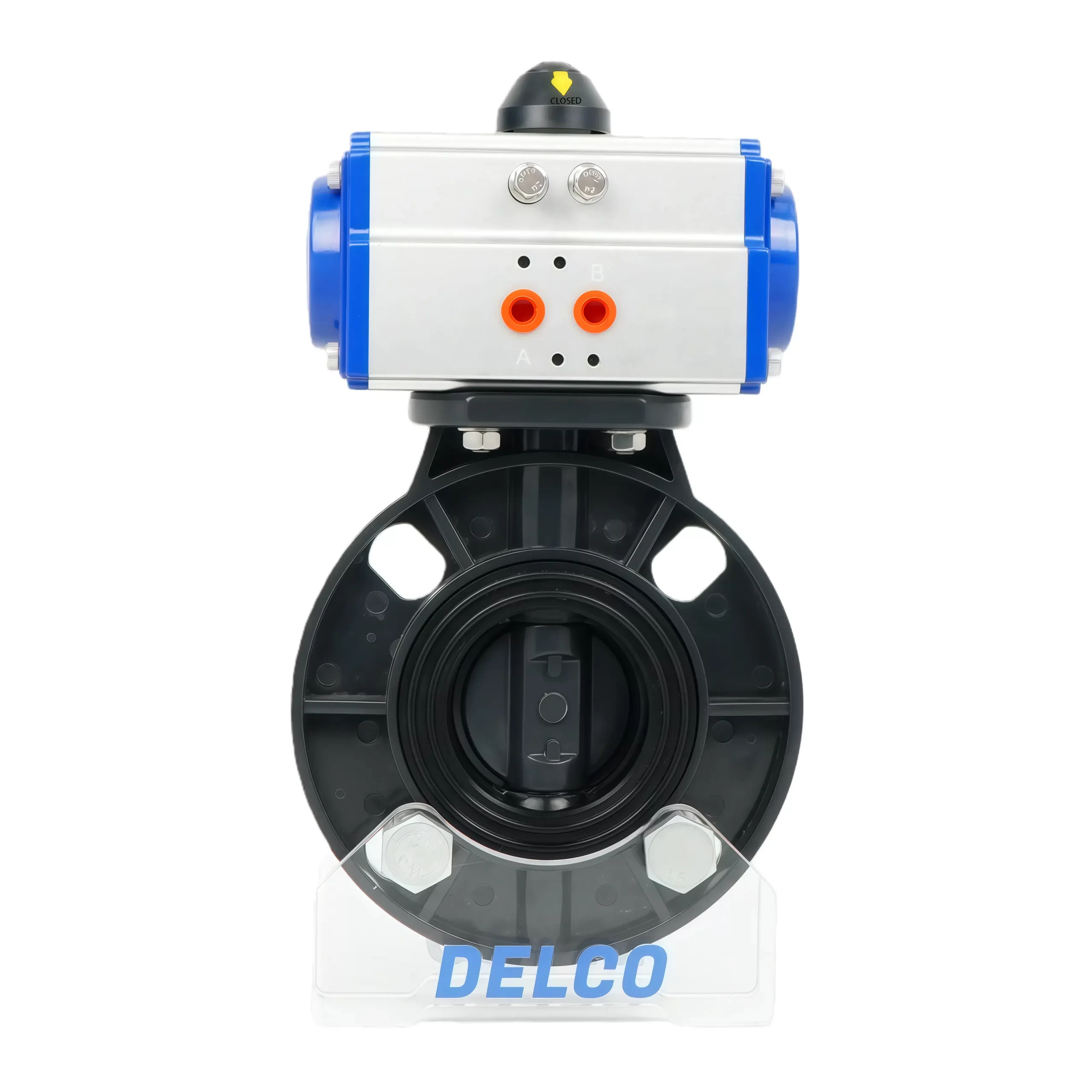 Вид спереди пневматической пластины из UPVC с приводом, Показывают корпус клапана и дисковую структуру.