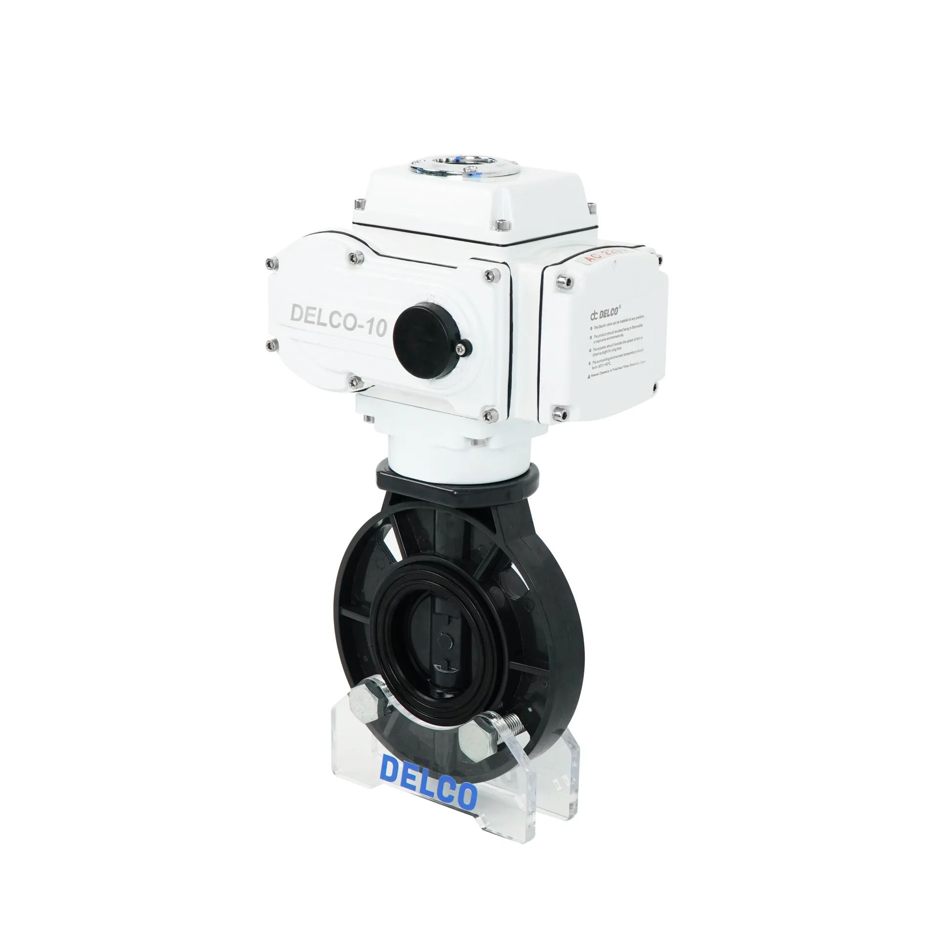 Вид справа на электрическую UPVC бабочку DK56-PB, показывающий соединение привода и детали корпуса клапана.